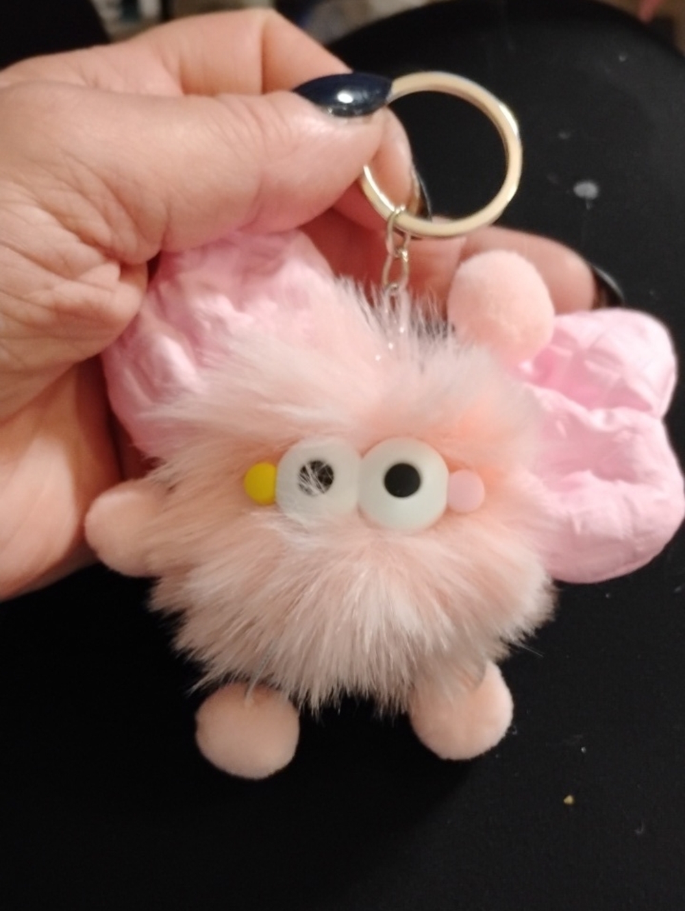 Crazy Pink Fuzzy Pom Pom Keychain with Whimsical Eyes